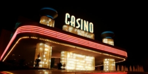 a casino with red and yellow lights