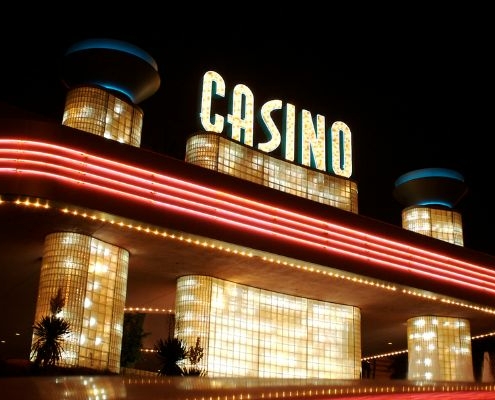 a casino with red and yellow lights