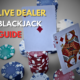 live dealer blackjack guide text with casino cards and chips in background