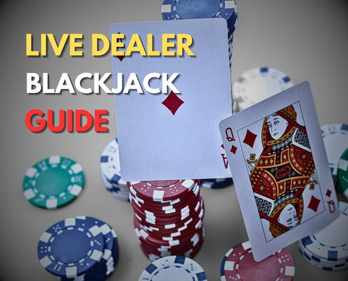 live dealer blackjack guide text with casino cards and chips in background